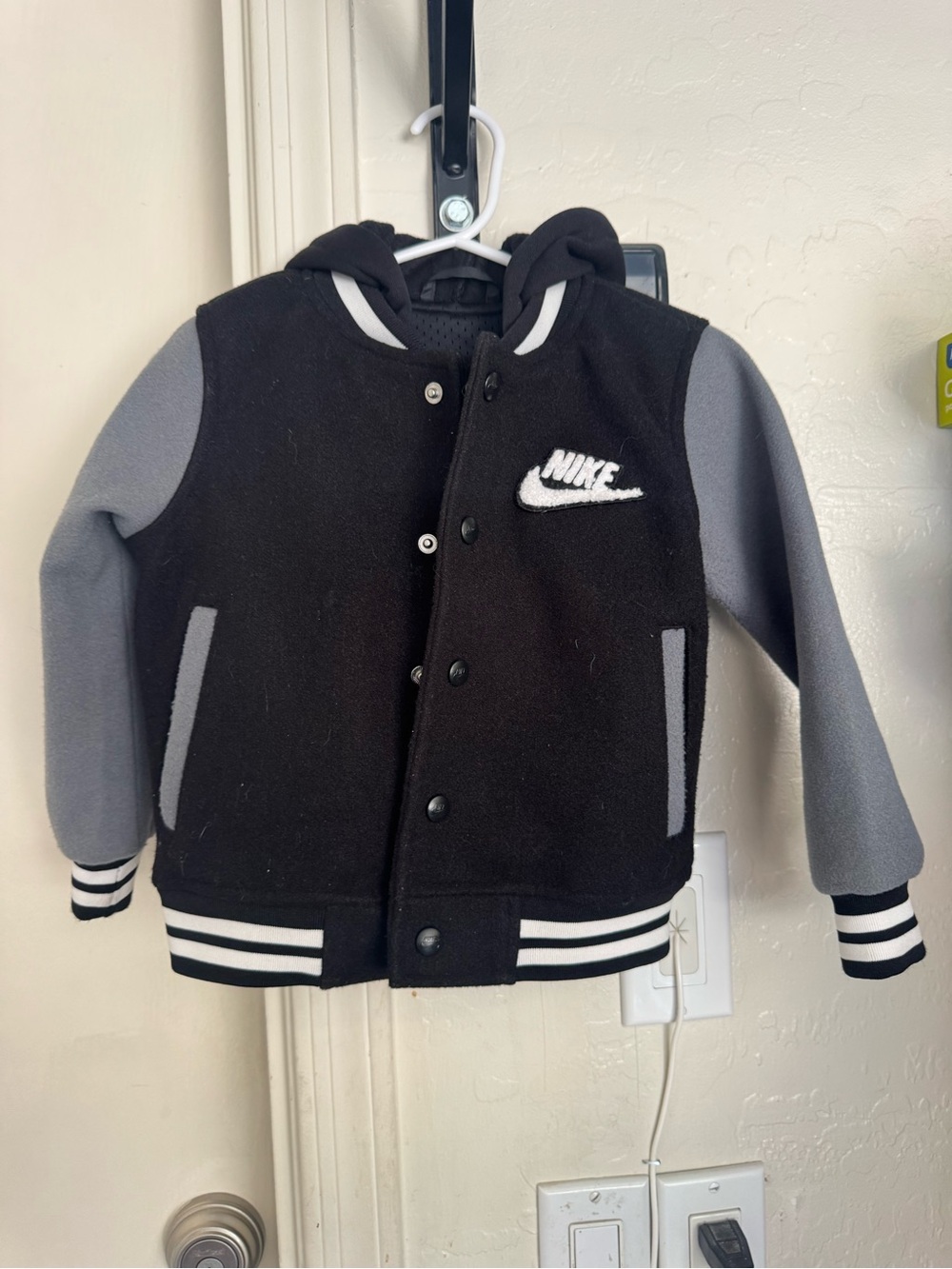 Nike Black and Gray Hooded Varsity Jacket